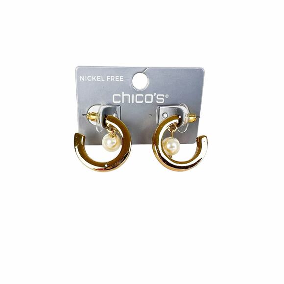 Chicos Faux Pearl Hoop Earrings Shiny Gold Tone Post Small 1" Classic Fashion - Picture 3 of 9